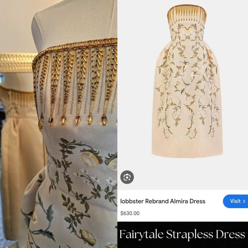 Whimsical Fairytale Strapless Dress Sz 8 L Wedding Garden Embroidered Tea Length